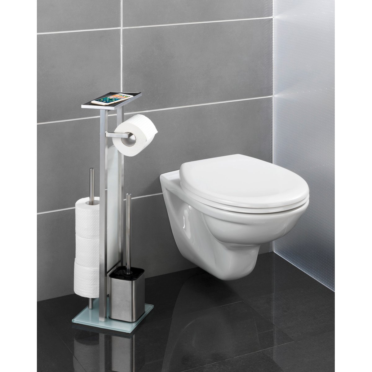 Serviteur WC porte-papier, brosse DEBAR inox mat, WENKO