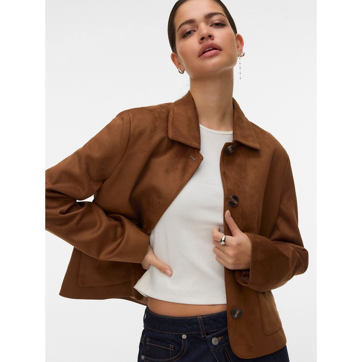 Veste en suédine avec poches, col polo cognac, VERO MODA