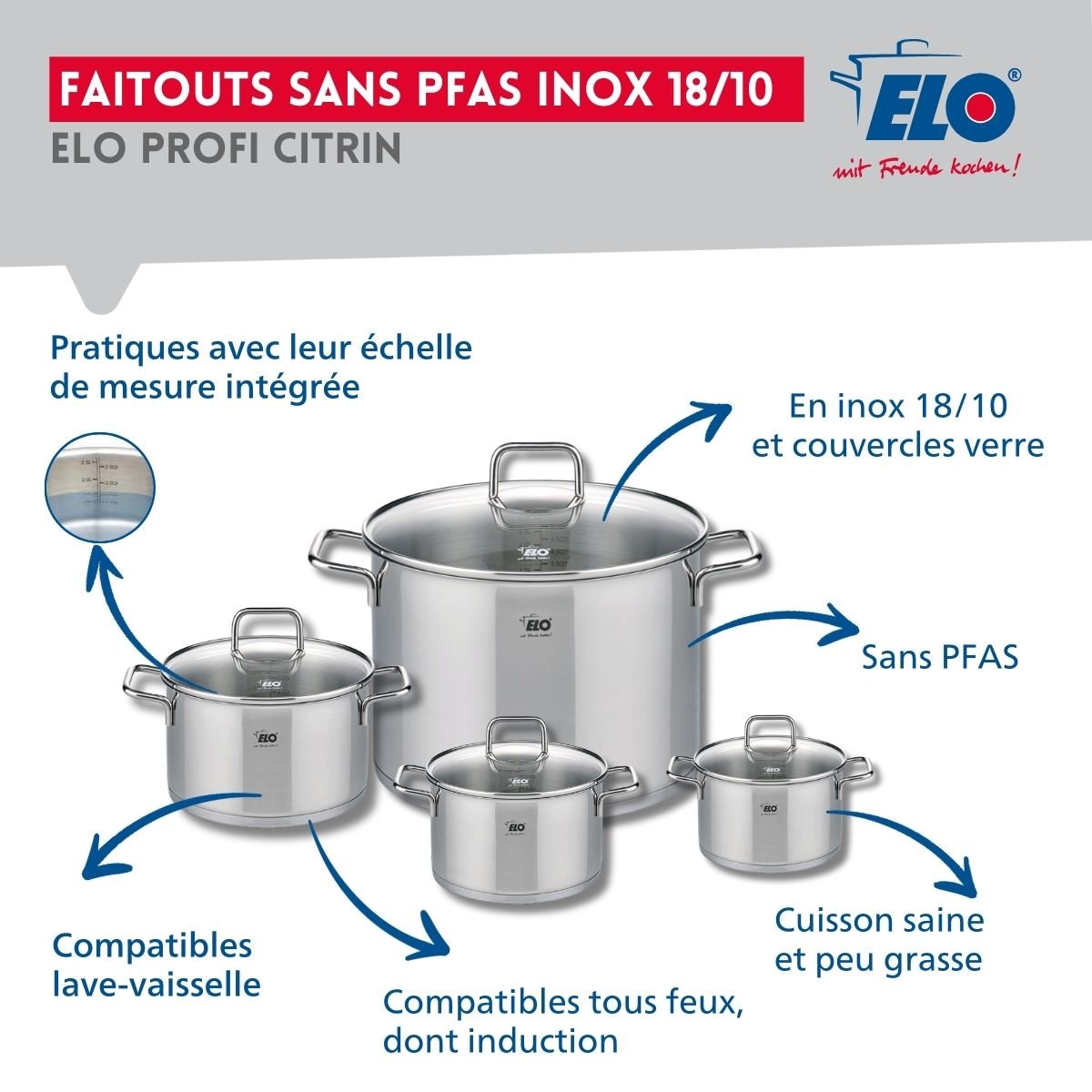 Batterie 1 poêle 24cm + 4 faitouts 12/14/16/26cm PROFI CITRIN gris, ELO