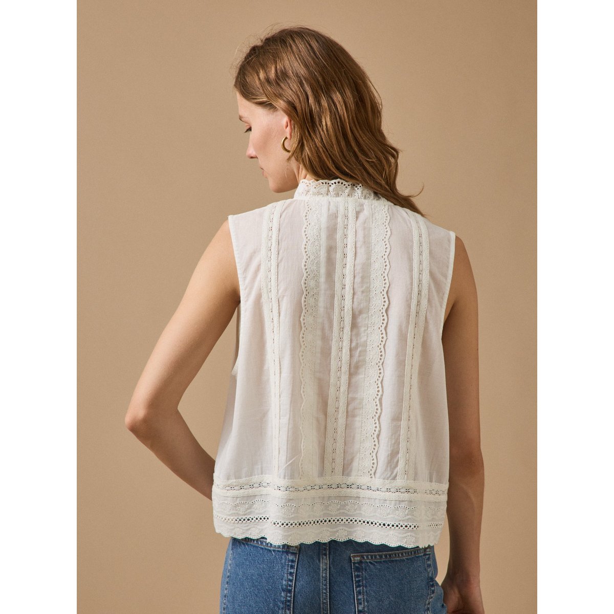 Top sans manches boutonné brodé ecru, CYRILLUS