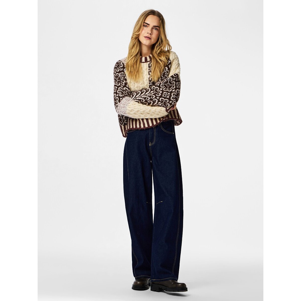 Pull maniche lunghe, motivo patchwork fantasia multicolore, PIECES