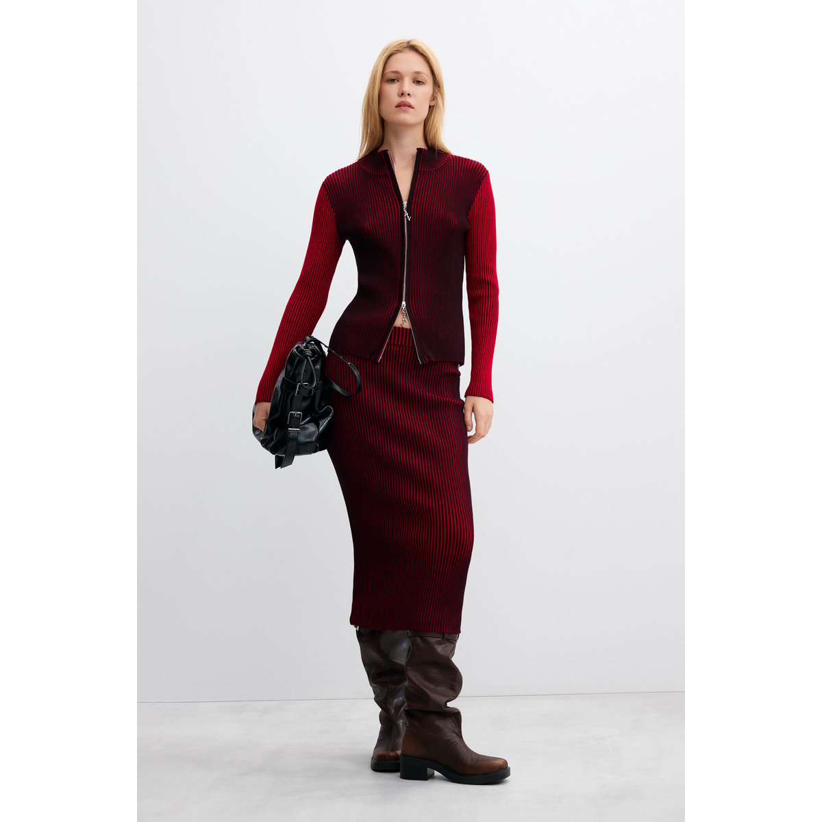 Jupe midi en maille irisée rouge, DESIGUAL