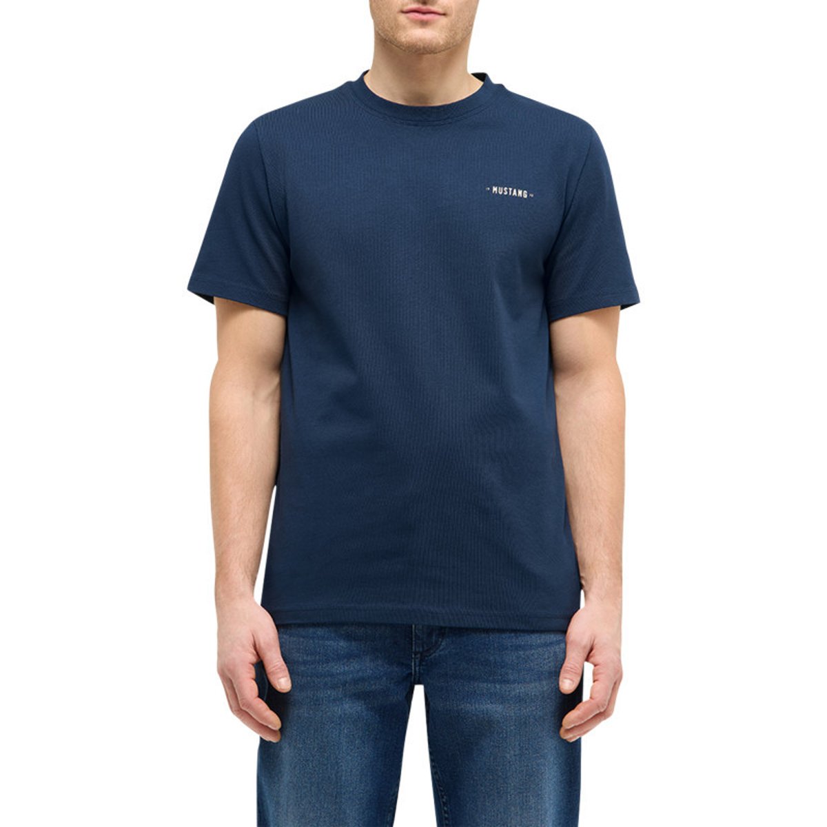 T-shirt en coton bleu à imprimé avec une coupe droite et un col rond bleu, MUSTANG