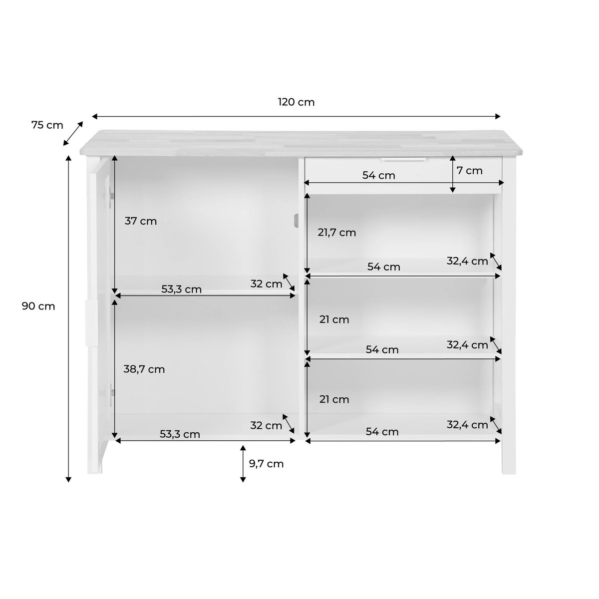 Îlot central de cuisine plateau bois d'hévéa L120cm MOLENE blanc, SWEEEK