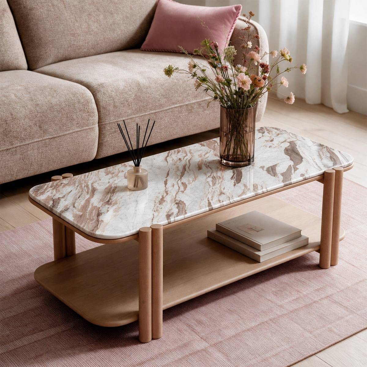 Table basse en bois de manguier et en marbre AMELY bois clair, MADE IN MEUBLES