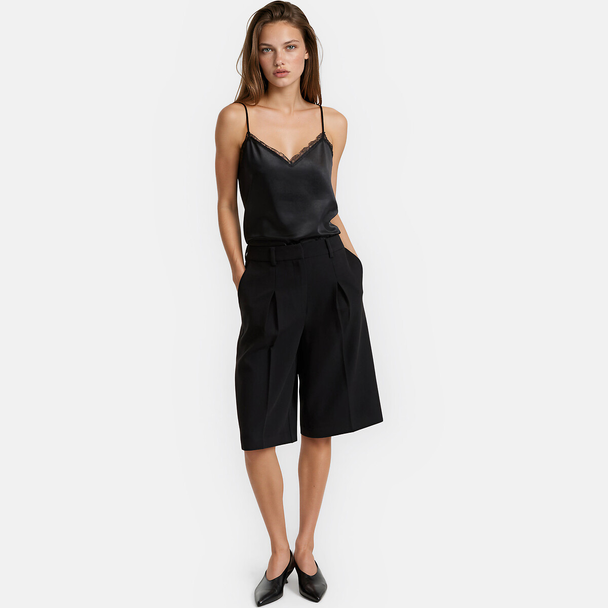 Top de satén con tirantes finos y encaje negro, LA REDOUTE COLLECTIONS