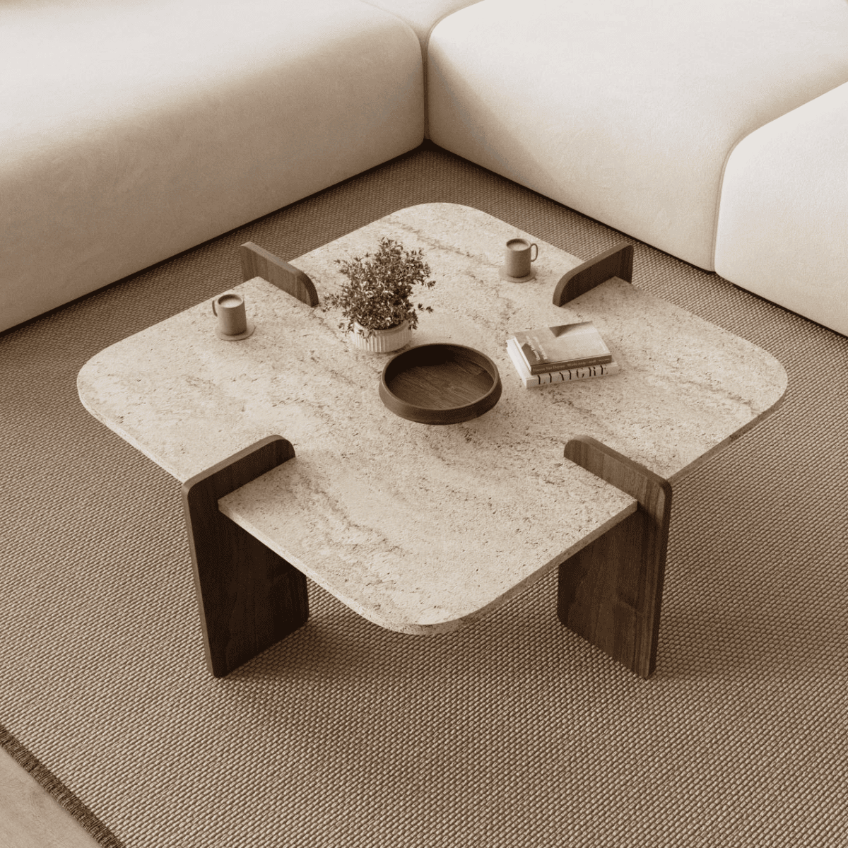 Table basse carrée LUMA travertin/ noyer, CALICOSY