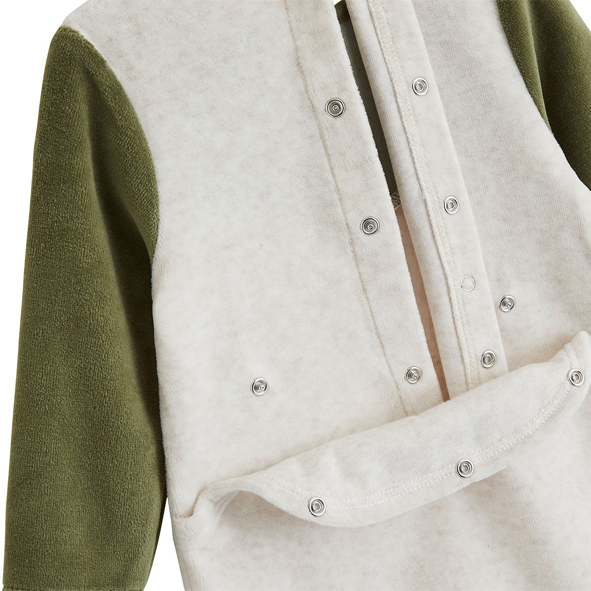 Pyjama bébé avec pieds retroussables en velours Pistache beige, PETIT BEGUIN