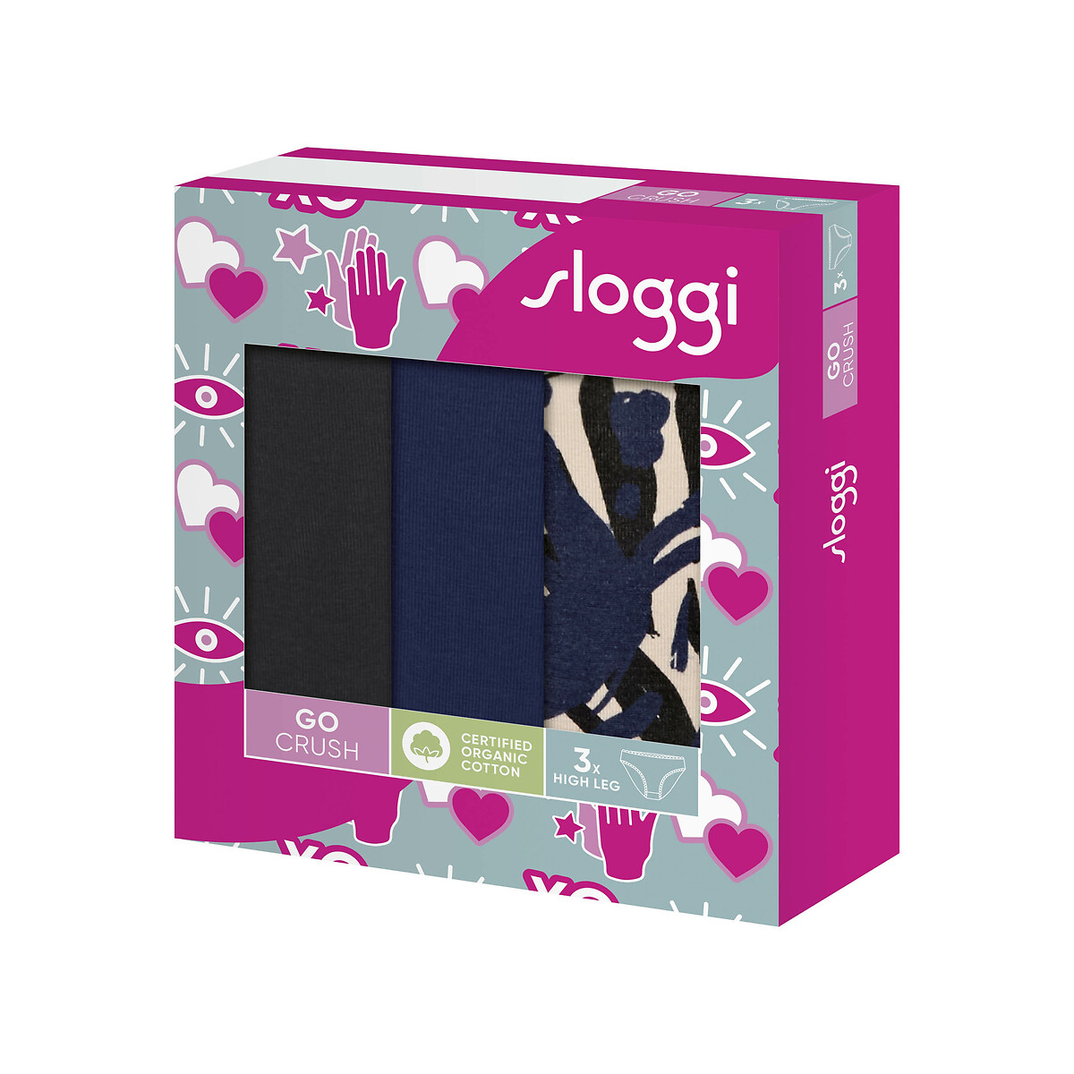 Confezione da 3 slip sgambati Go Crush blu marino+nero+stampa, SLOGGI