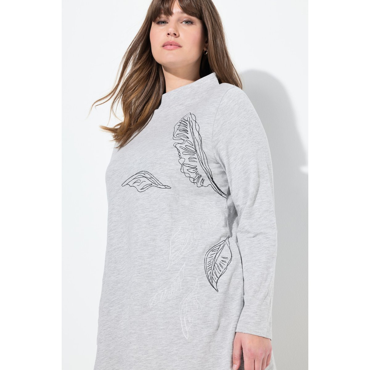 T-shirt long à col montant et manches gris chiné, ULLA POPKEN