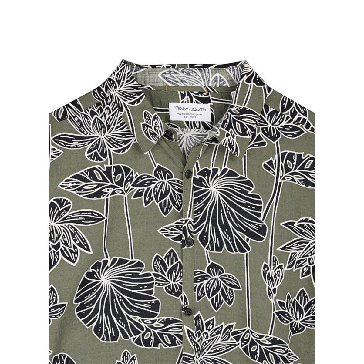 Chemise kaki à coupe droite ornée d'un motif végétal oversize vert, TEDDY SMITH