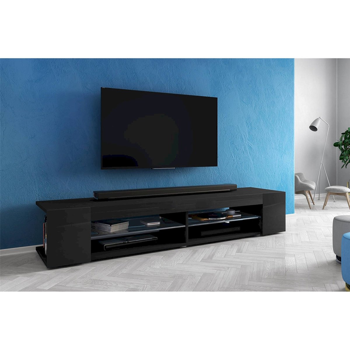 Meuble tv MITCHELL avec éclairage LED noir mat et noir brillant, RECOLLECTION