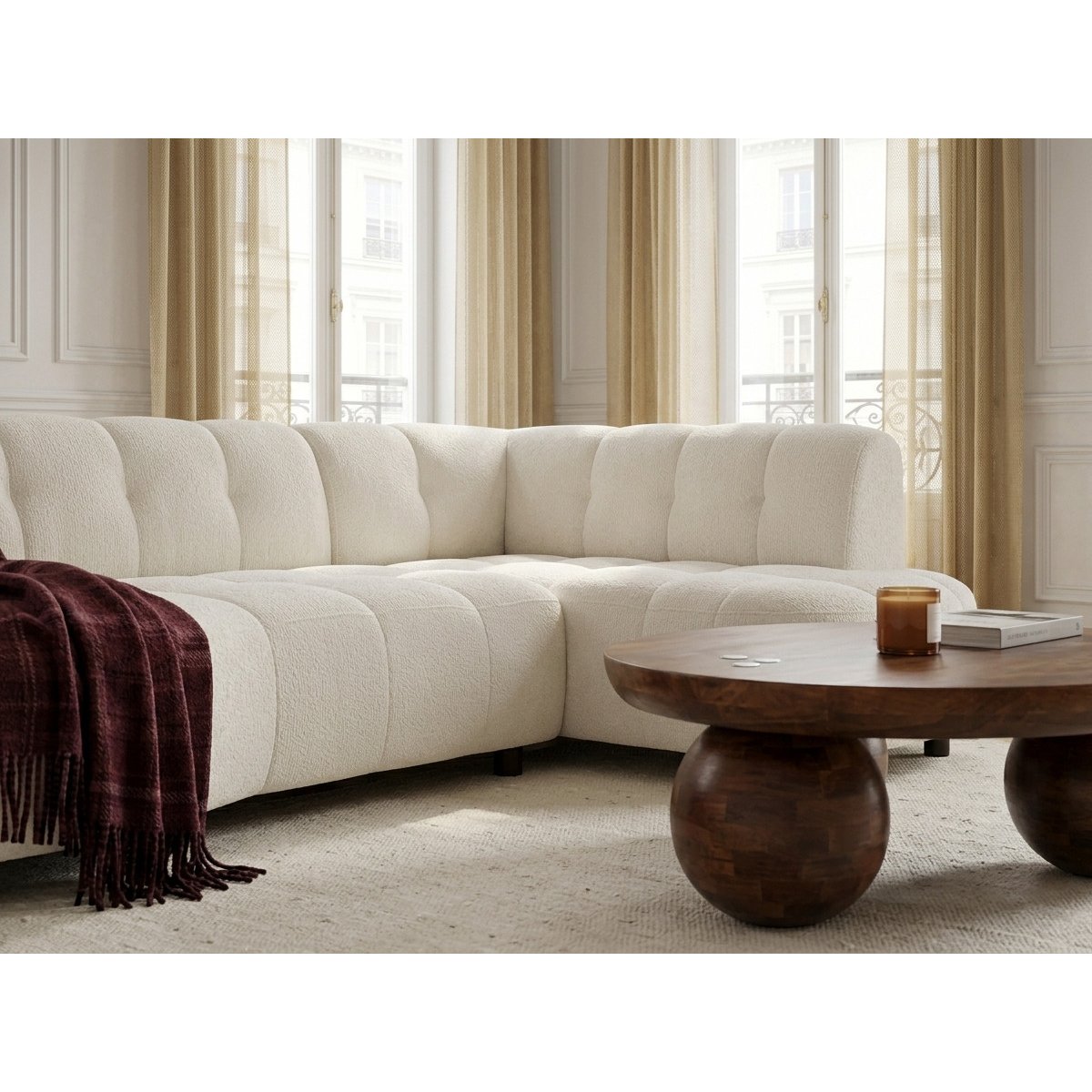 Canapé d'angle convertible 3 places en tissu lisse, LOVELY beige, BOBOCHIC