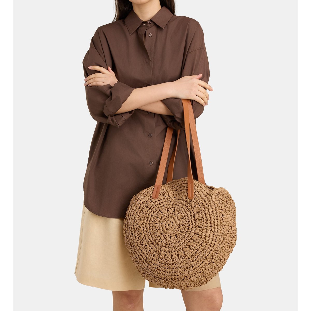 Sac à main rond lila paille beige naturel, GALERIES LAFAYETTE