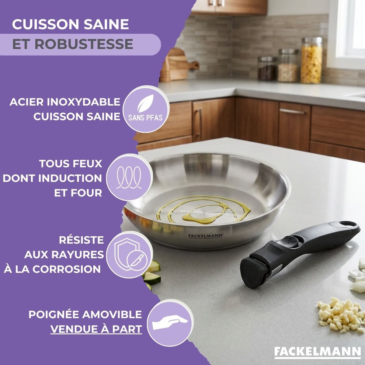 Poêle à manche amovible InoGrip inox, FACKELMANN
