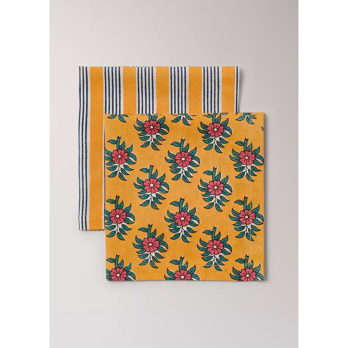 Serviettes en coton et lin à rayures et fleurs jaune, MANGO HOME