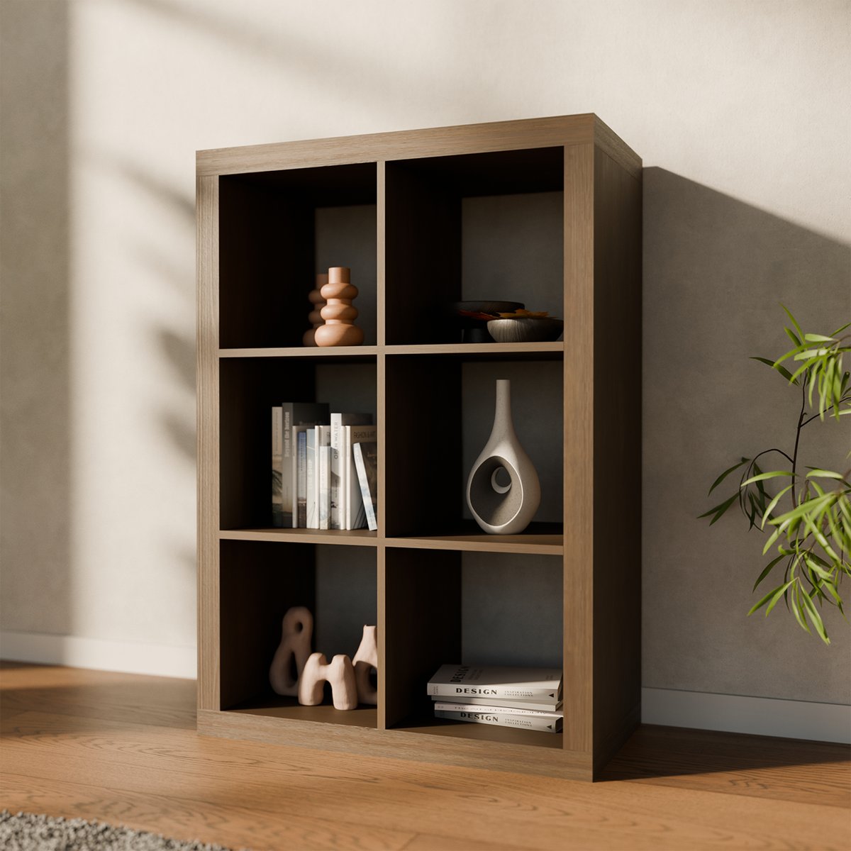 Etagère bibliothèque décor bois 2 niveaux 6 compartiments BASIKS noyer, SWEEEK