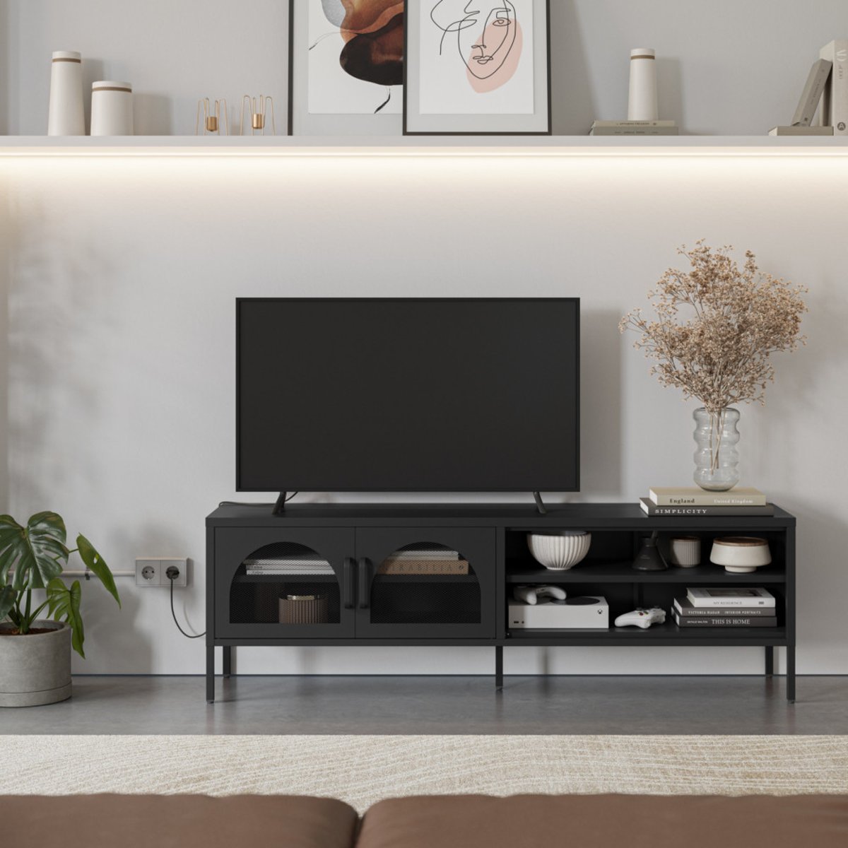 Meuble TV 2 portes en métal L160cm- ZIO noir, DRAWER