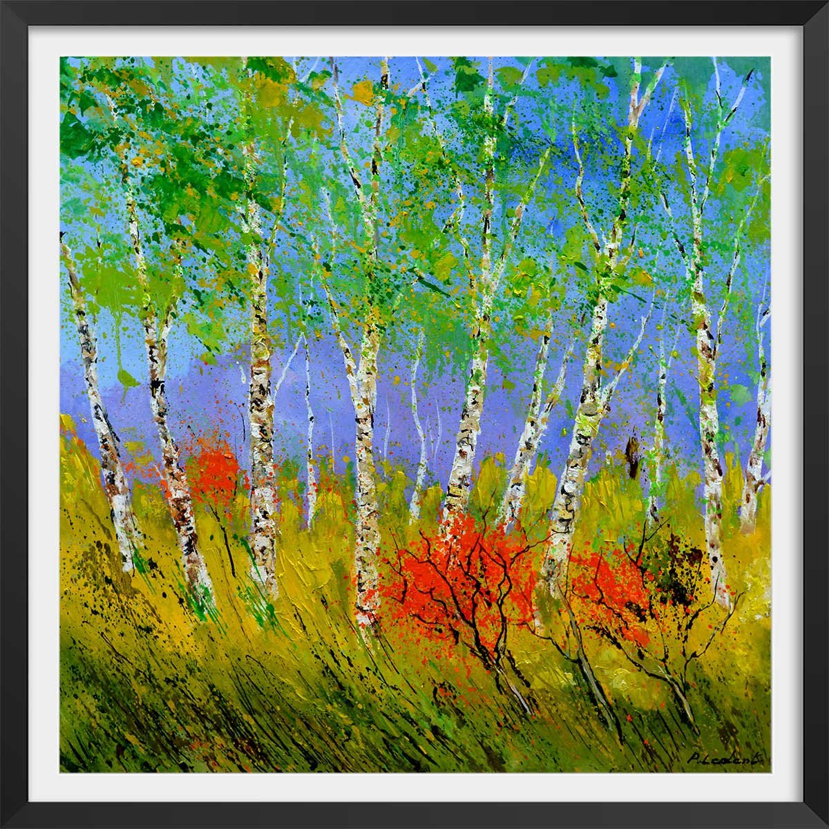 Affiche bouleaux et coquelicots affiche + cadre en bois - noir, HEXOA