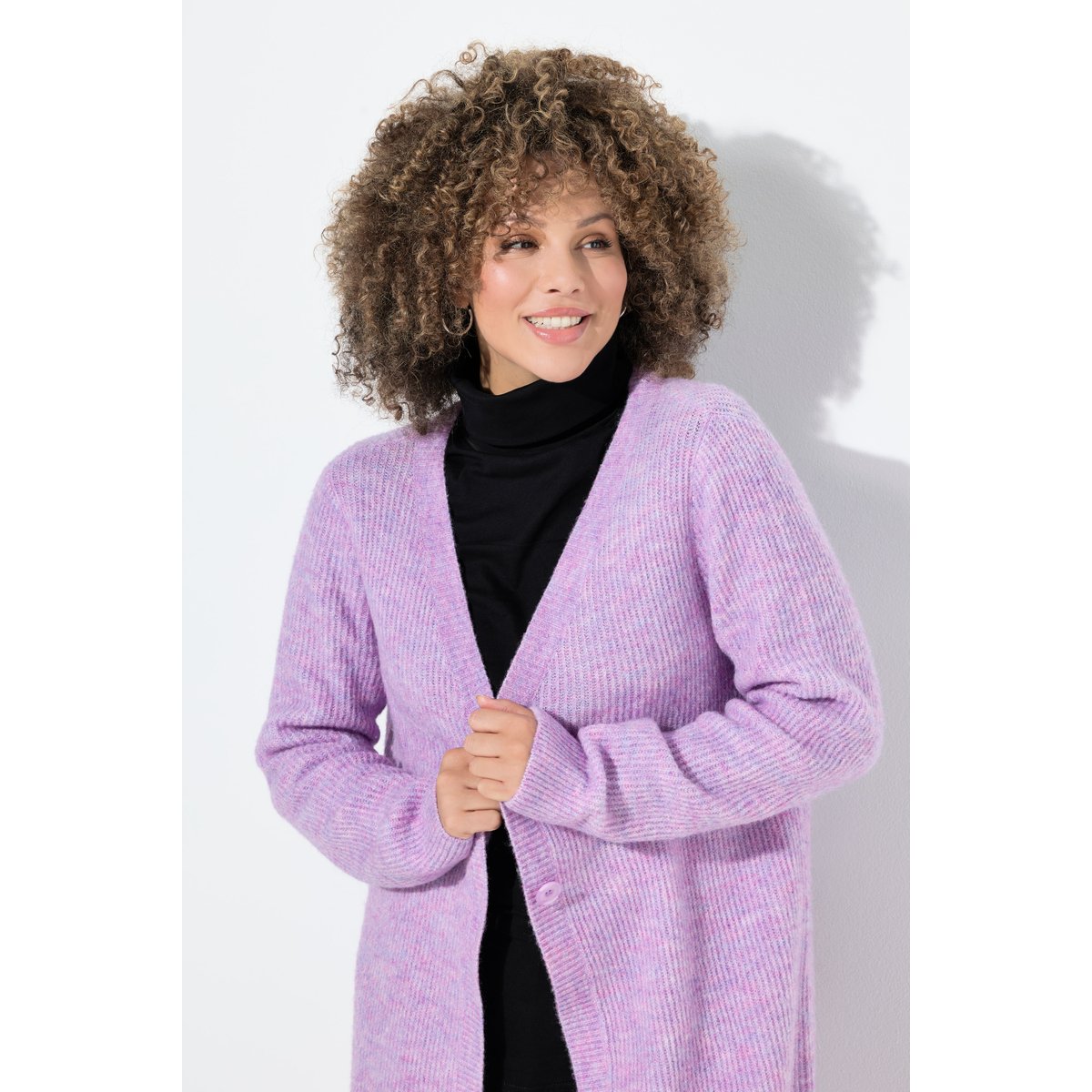 Cardigan long en maille côtelée, col en V prune clair, ULLA POPKEN