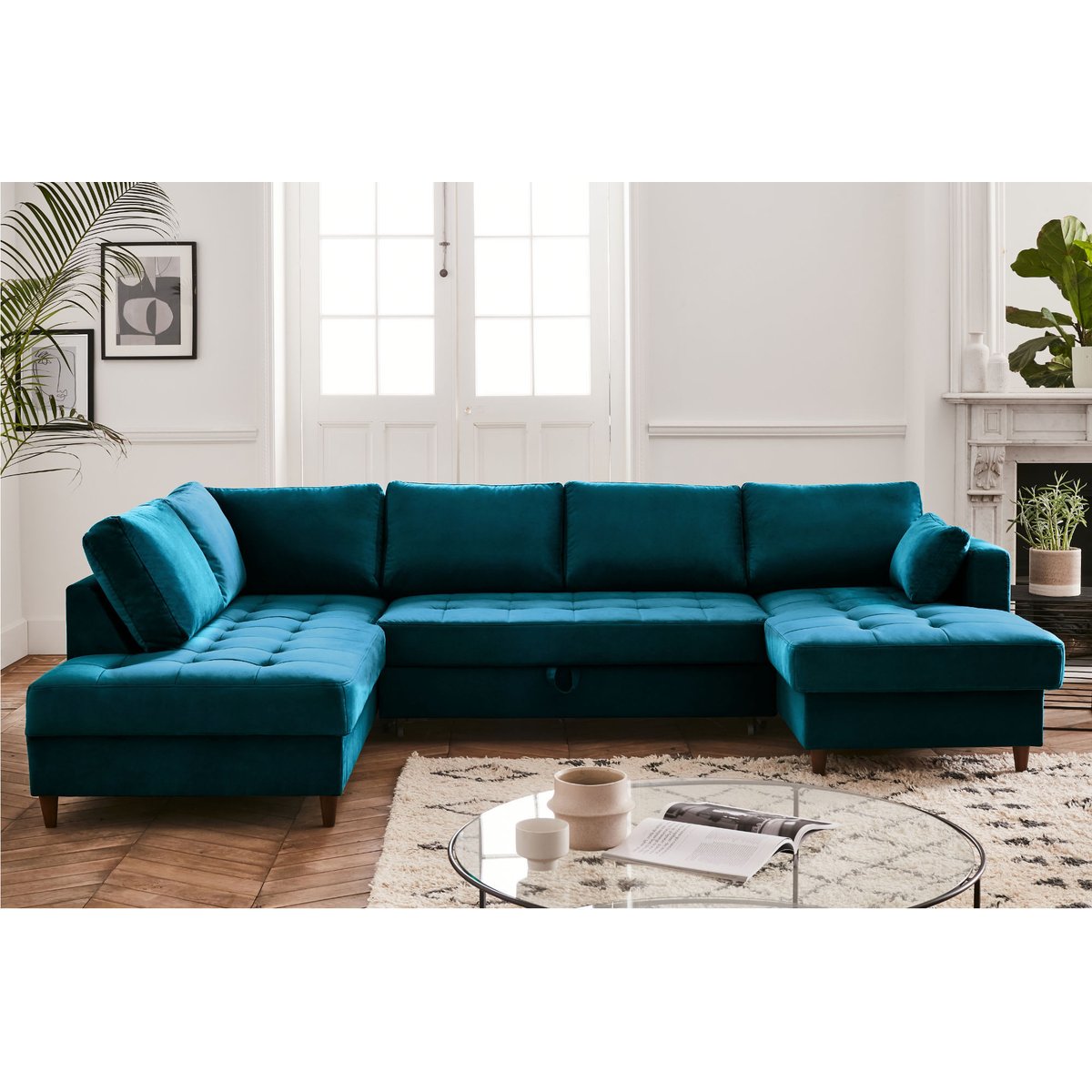 Canapé d'Angle Convertible 7 places - ANNA bleu canard, BEST MOBILIER