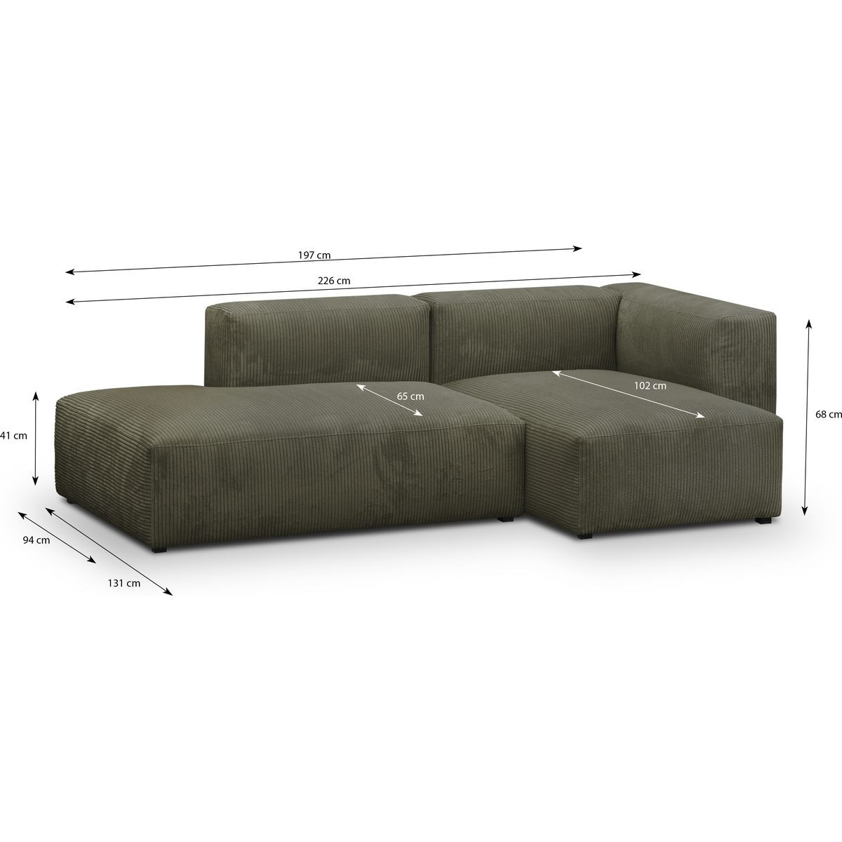 Canapé d'angle à droite modulable 3/4 places en velours côtelé - MODULO vert kaki, HOMIFAB