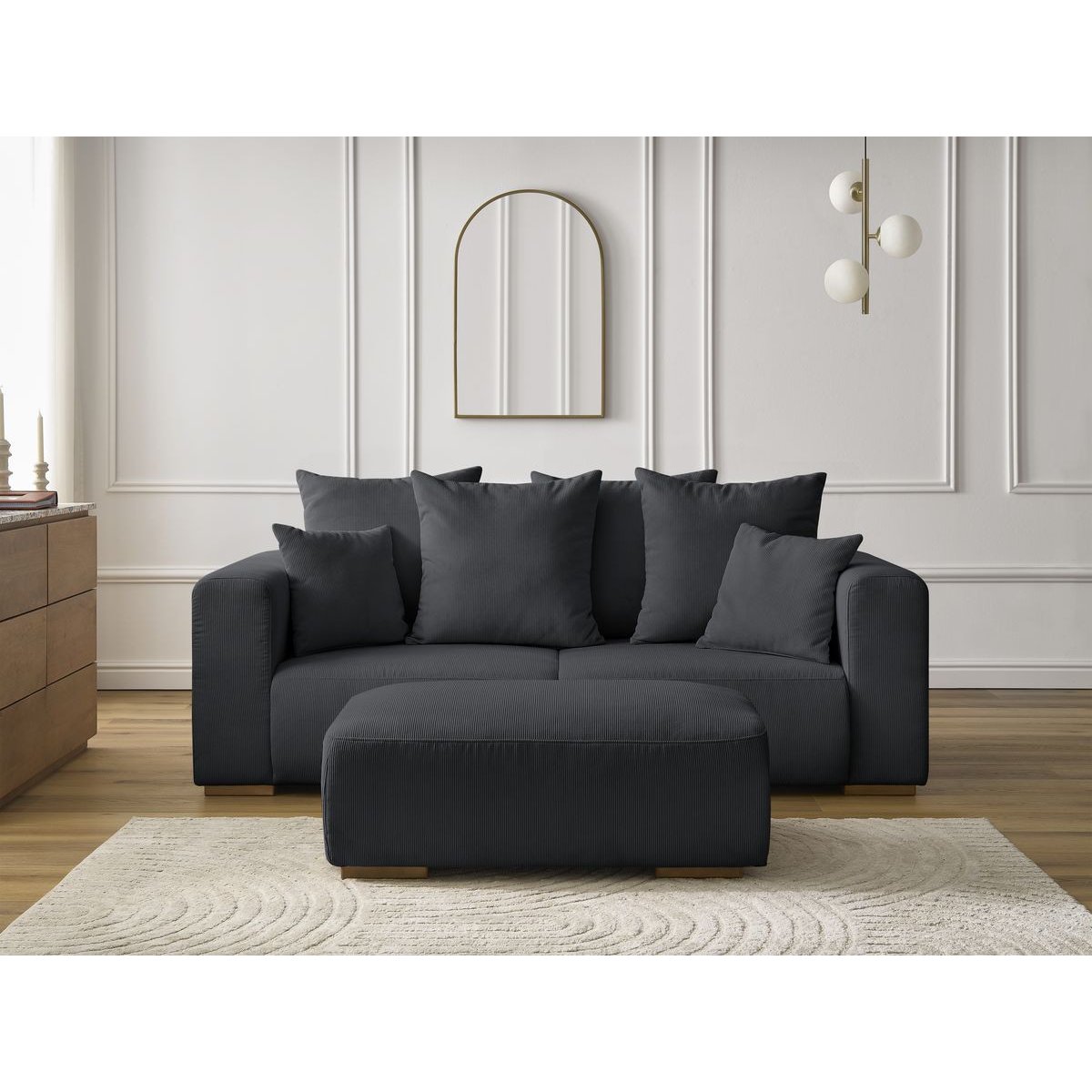 Canapé droit fixe 3 places en velours côtelé avec pouf, SIDONIE noir, BOBOCHIC