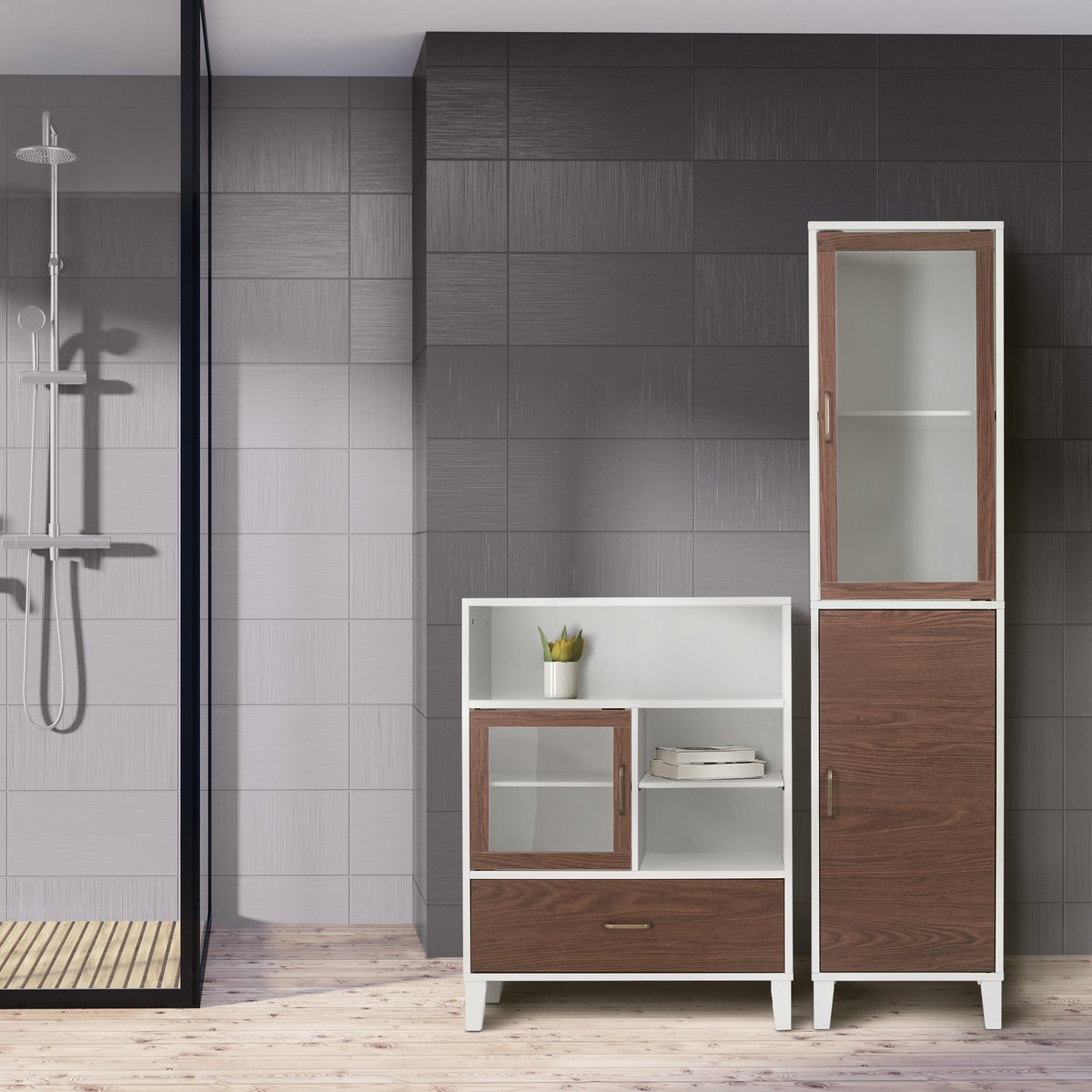 Grande armoire et effet noyer avec portes et étagères réglables, Blanc, TYLER couleur unique, TEAMSON HOME