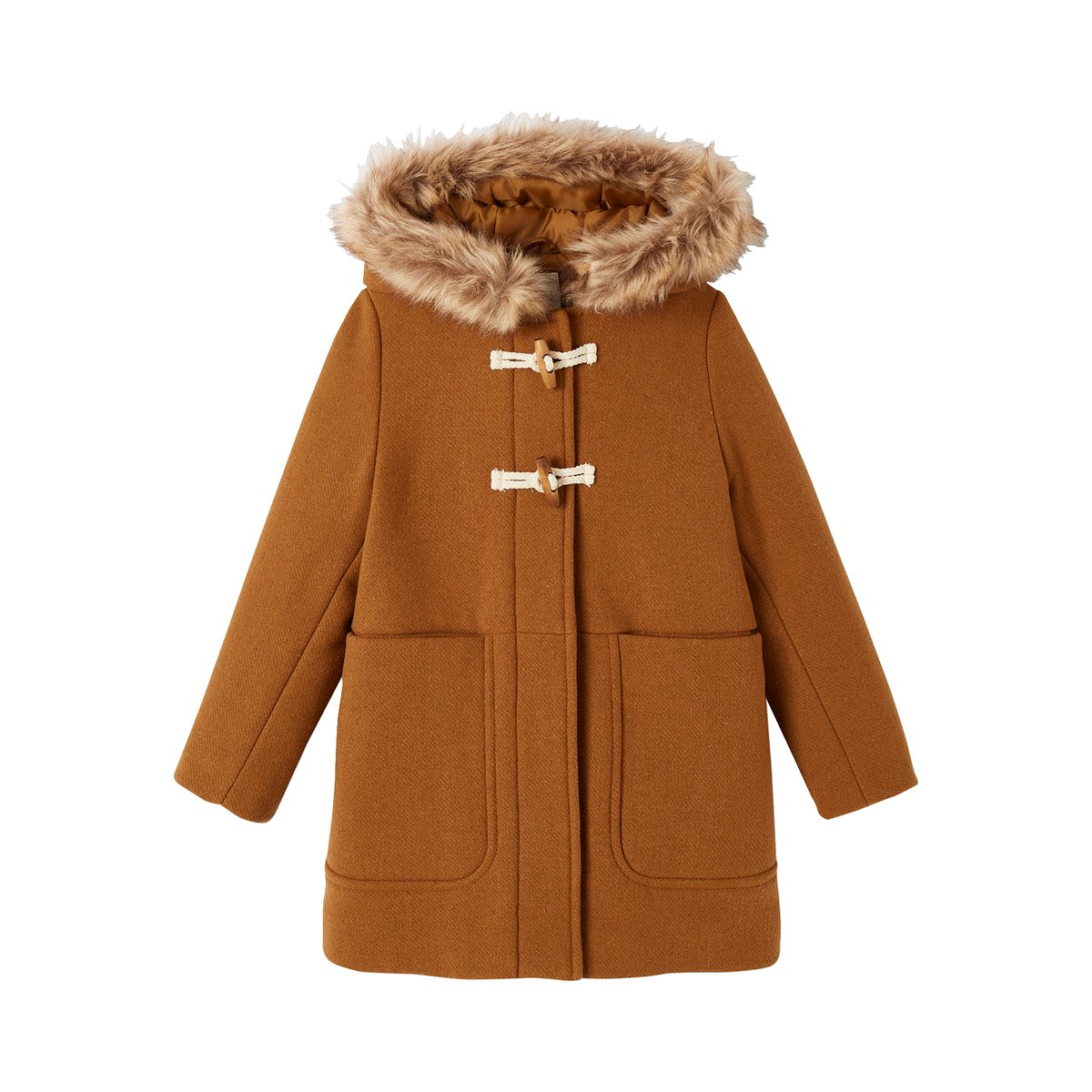Duffle-coat à capuche drap de laine camel, VERTBAUDET