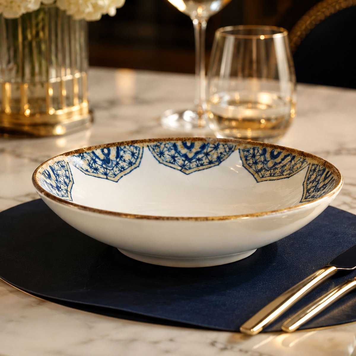 Lot de 6 assiettes creuses 21cm en porcelaine, CALYPSO bleu, OGO LIVING
