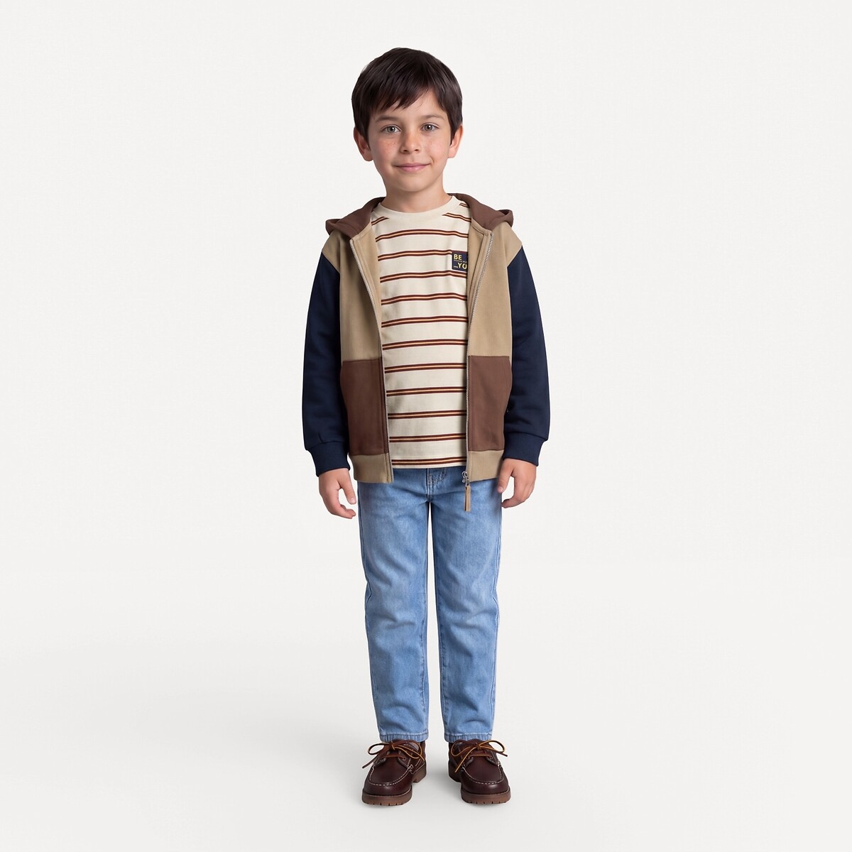 Colour Block Fleece Zip-Up Hoodie navy/brown, LA REDOUTE COLLECTIONS