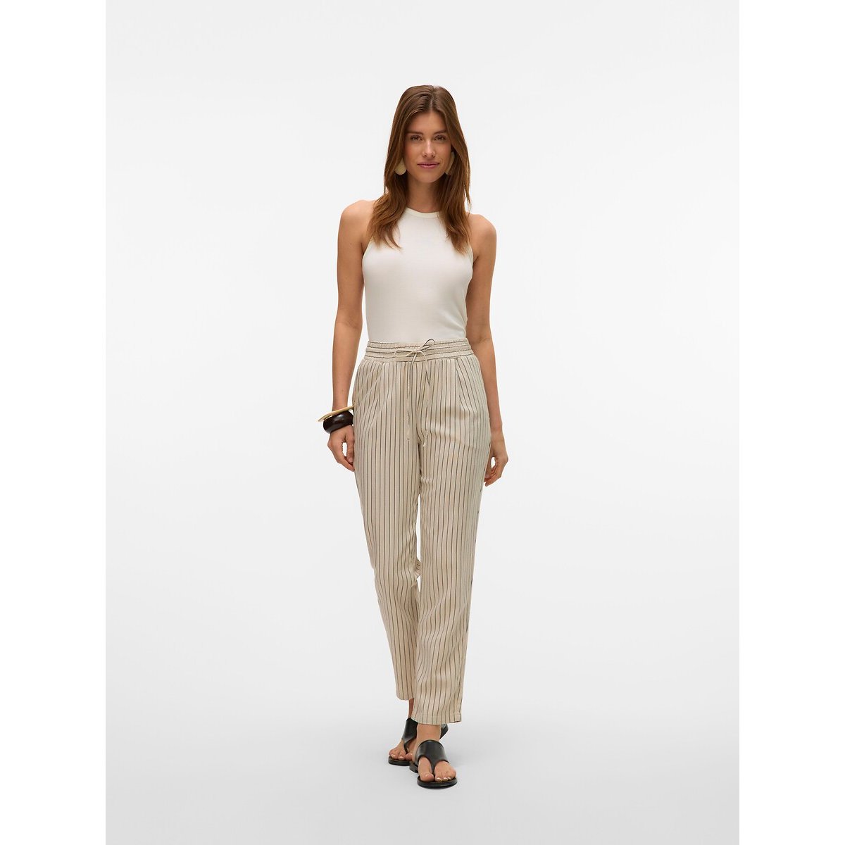 Pantalon droit taille haute ecru/noir, VERO MODA