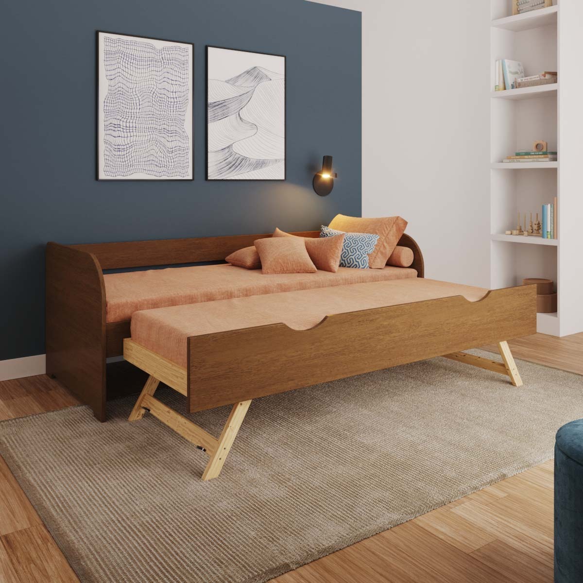 Pack lit banquette gigogne avec matelas Bois massif ZIRA noisette, AKITEN RETAIL