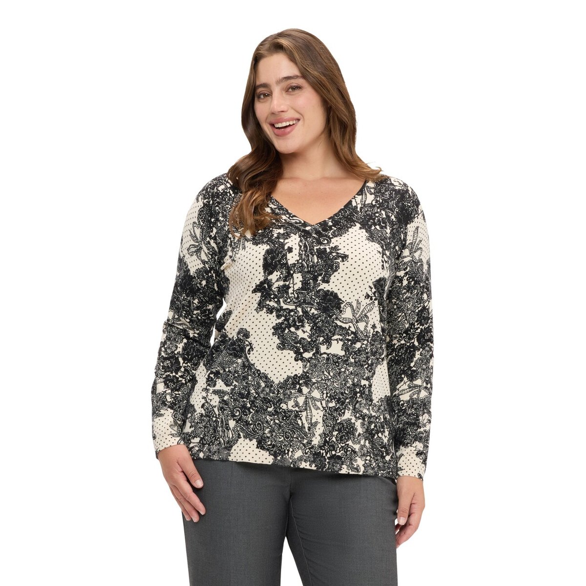 Pull col V avec imprimé dentelle noir, FIORELLA RUBINO