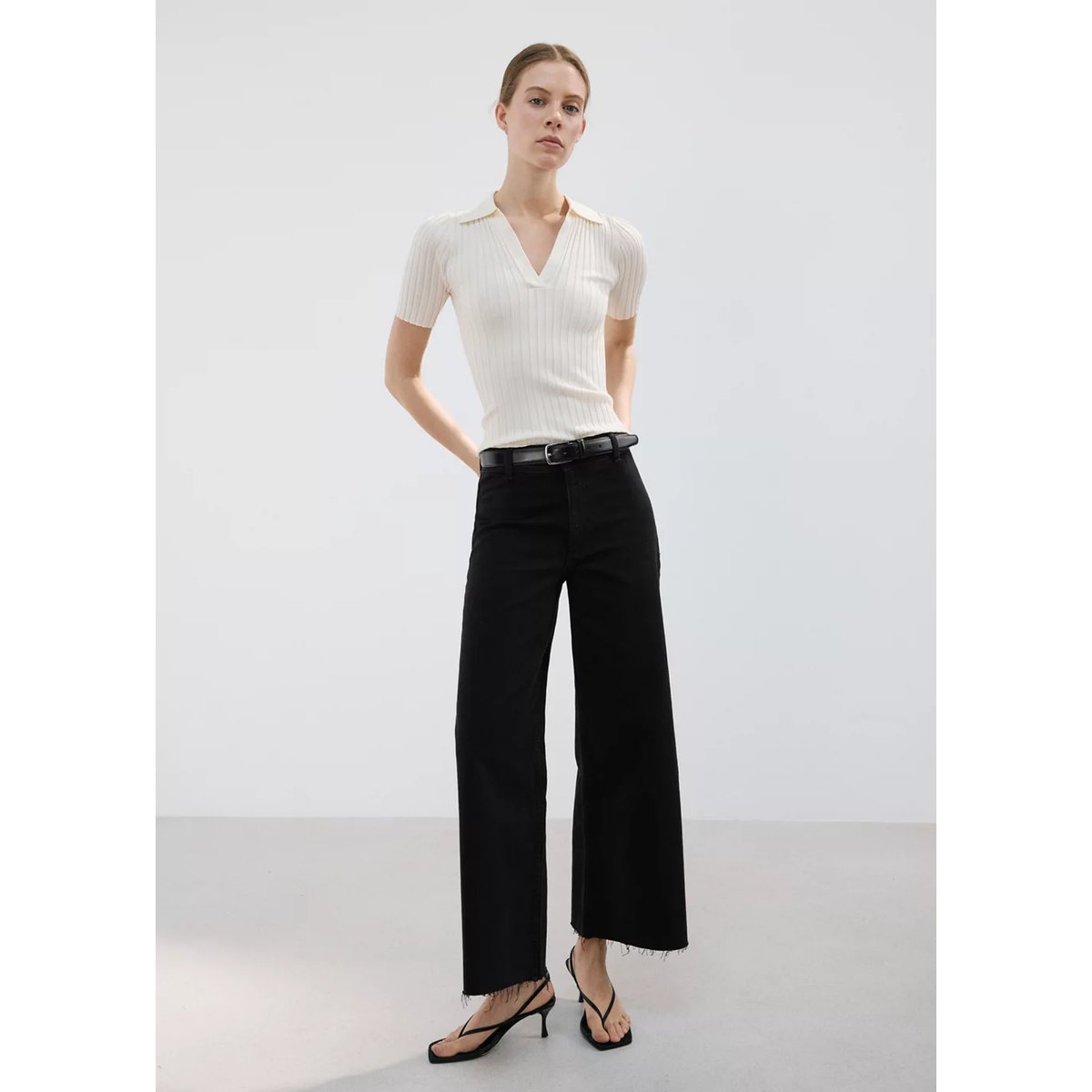 Jean style jupe-culotte Catherin taille haute black denim, MANGO