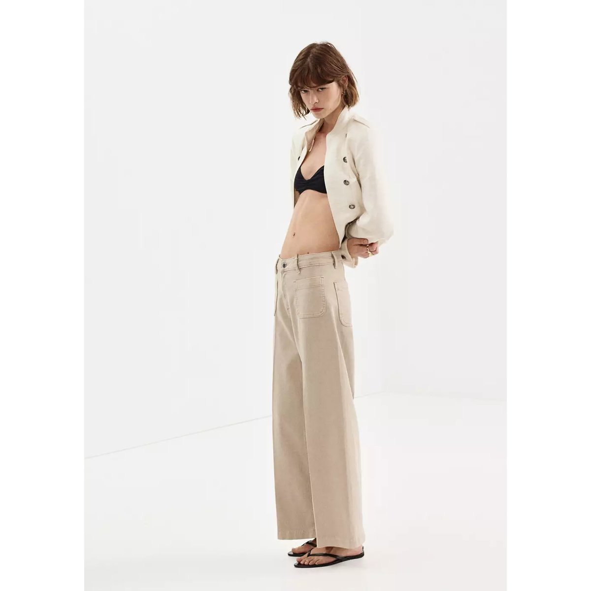 Jean wide leg poches pièce sable, MANGO