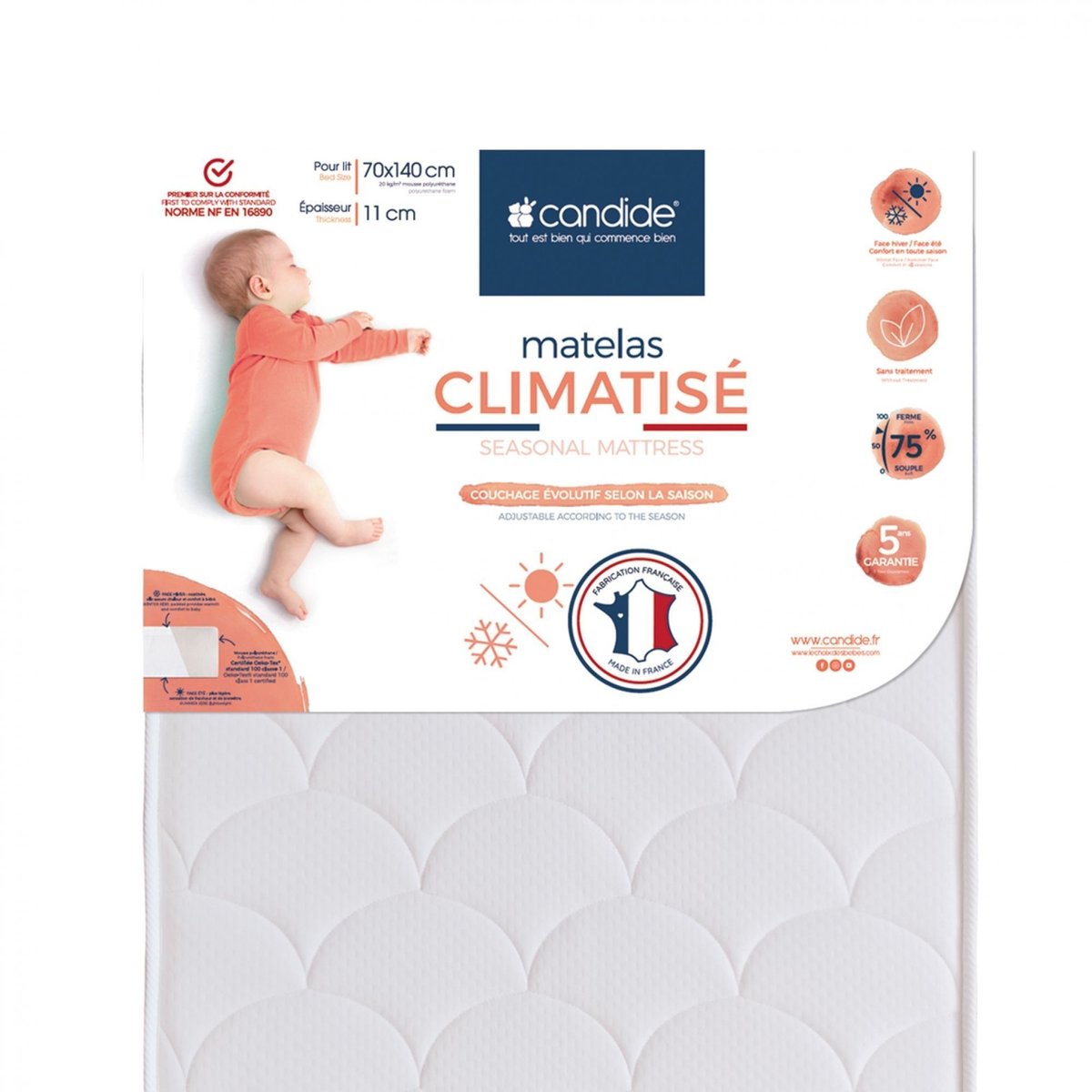 Pack Matelas bébé climatisé + alèse blanc + drap housse blanc blanc, CANDIDE