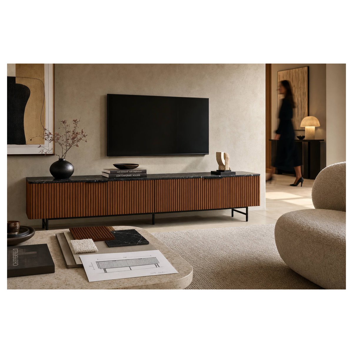 Meuble tv en bois, Plateau effet marbre noyer, noir marquina, noir mat, RECOLLECTION