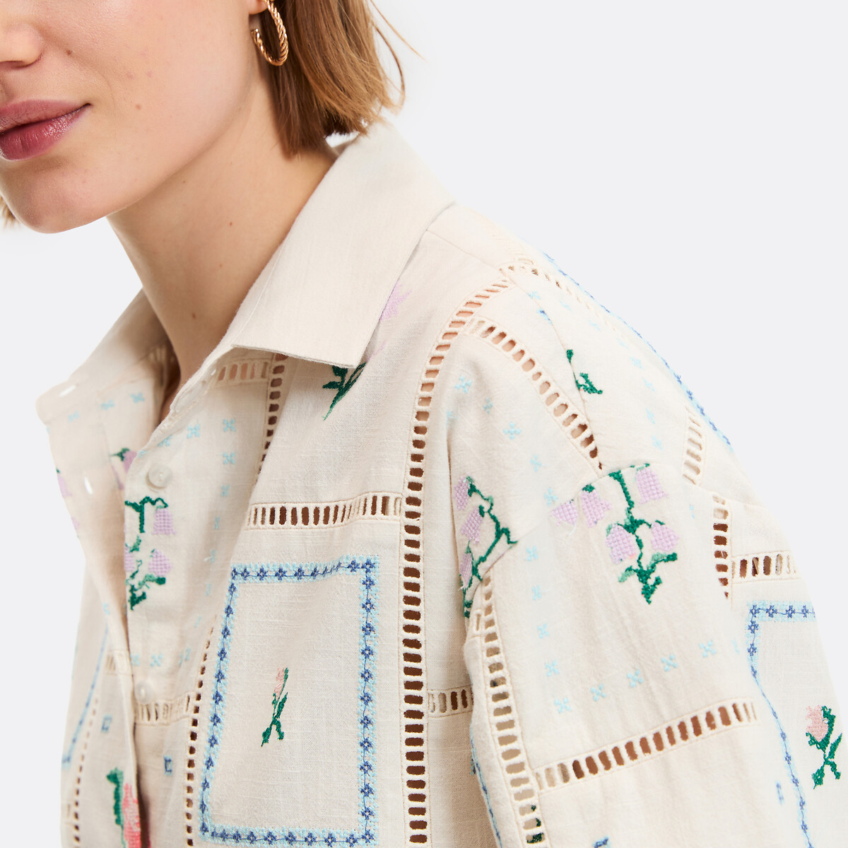 Chemise manches courtes brodée et ajourée ivoire brodé, LA REDOUTE COLLECTIONS