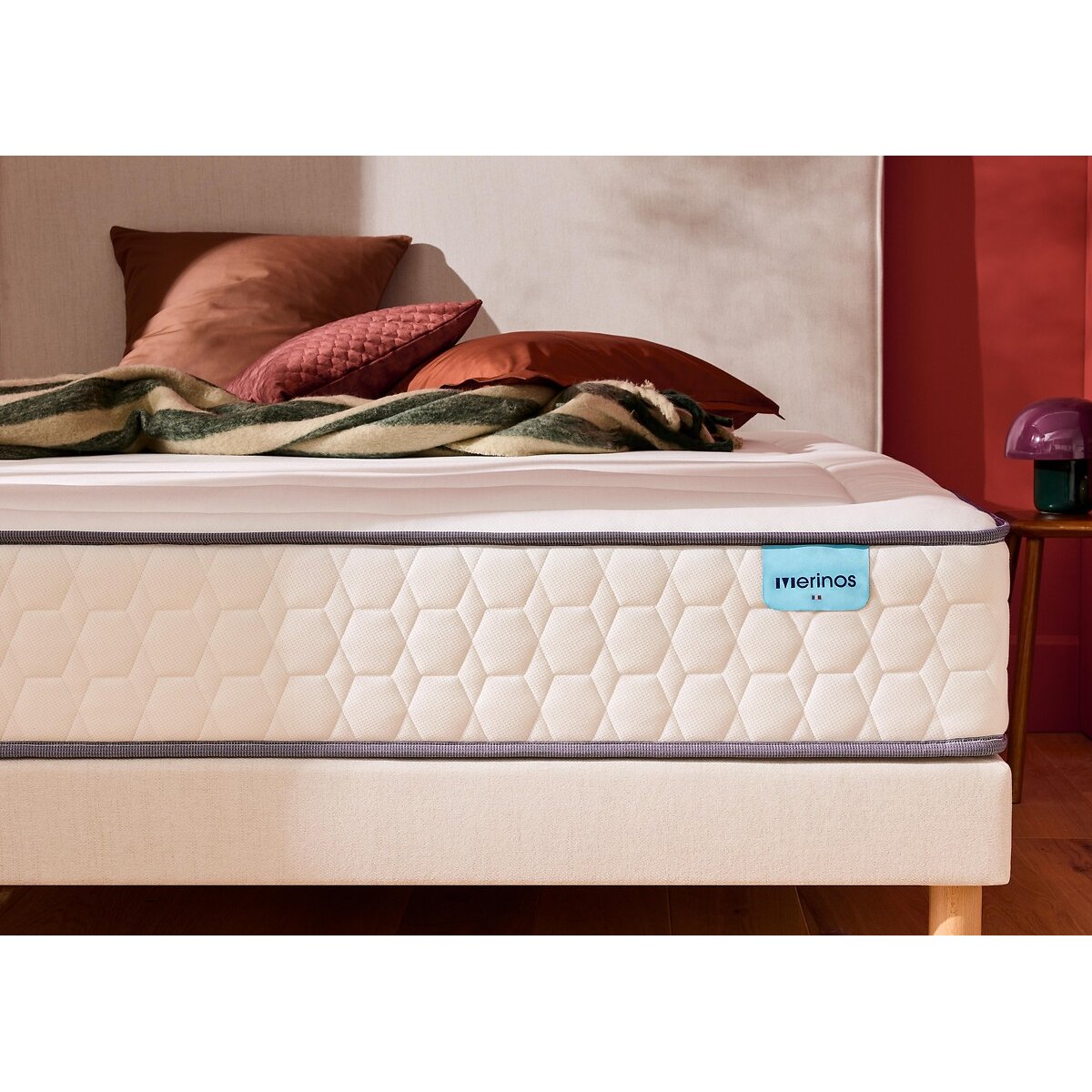 Set di materasso con 580 molle, 5 zone, e base letto imbottita BEAUTY BED 2 tissé sable blanc, MERINOS