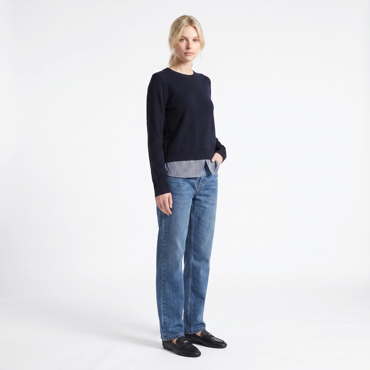 Pull femme marine ajusté col rond FLOURA navy, ARTLOVE