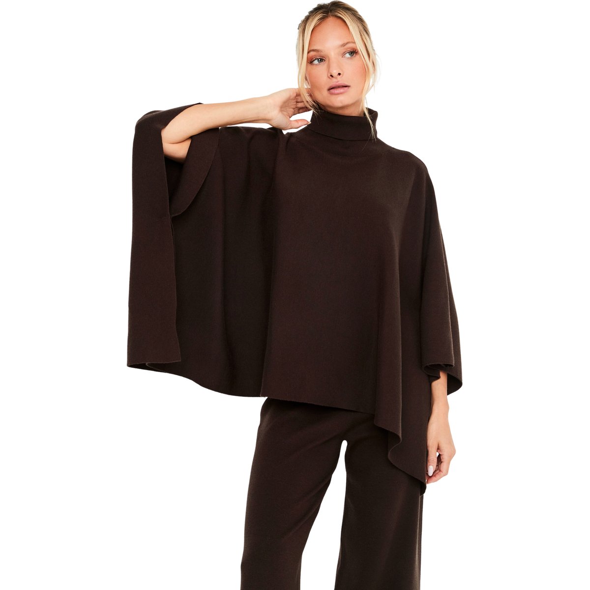 Pyjama pantalon évasé poncho col montant The Knit Code marron, SELMARK