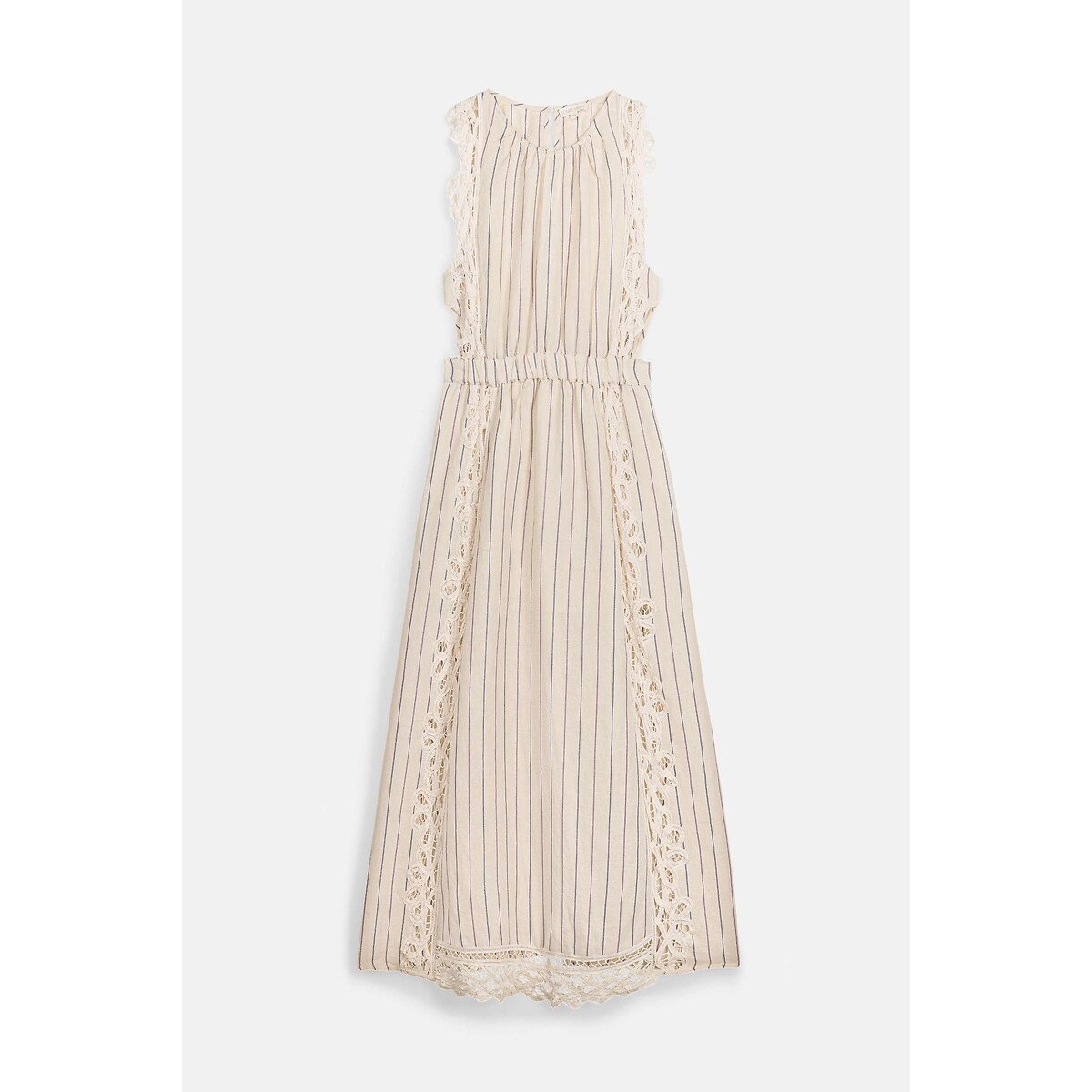 Robe sans manches à fines rayures et broderies, ARIANE ecru/marine, LOUISE MISHA