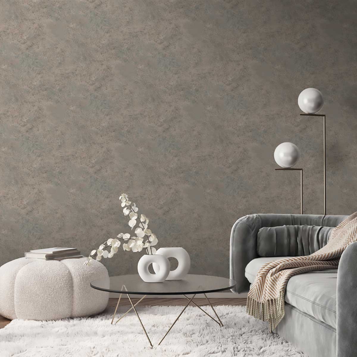 Papier peint effet bronze oxydé cuivre et sauge marron, HEXOA
