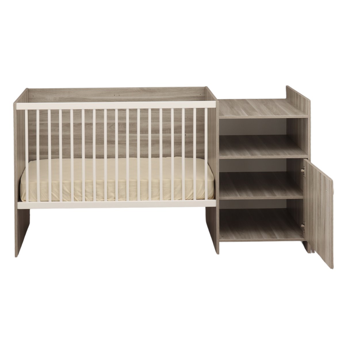 Lit combiné évolutif en décor bois avec commode à langer 1 porte gris, BABY PRICE