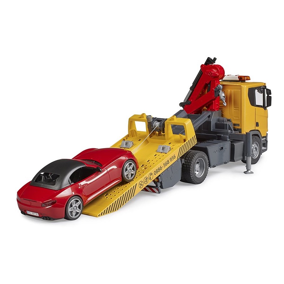 Remorqueuse Scania Super 560R avec module son et lumière et véhicule Roadster v019845, BRUDER