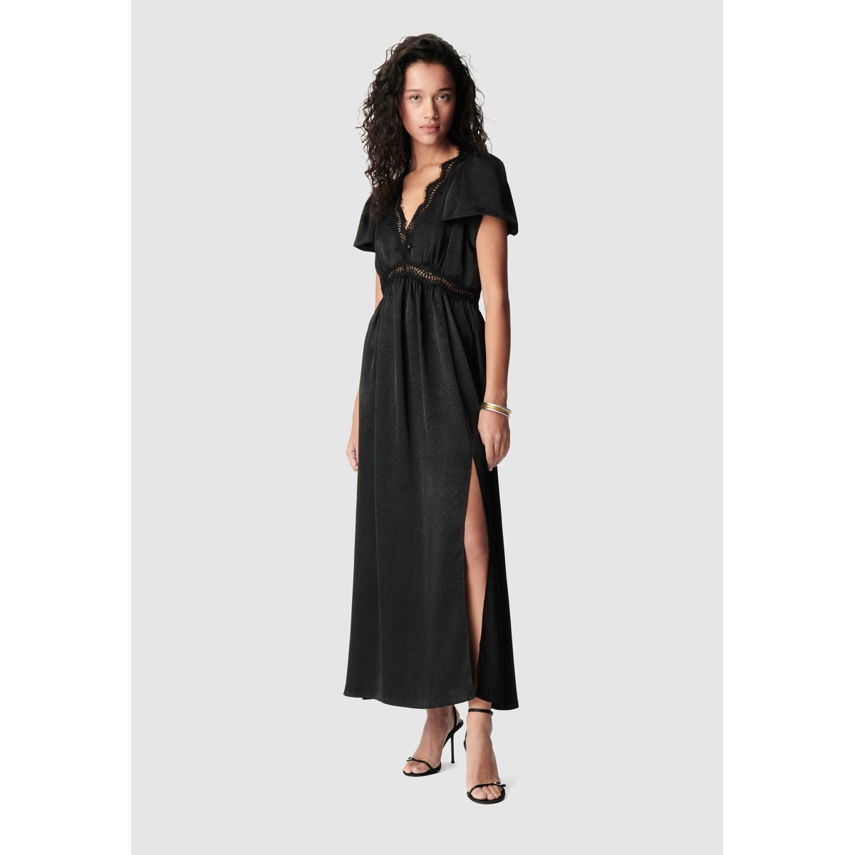 Robe satinée froissée détails dentelle noir, IKKS