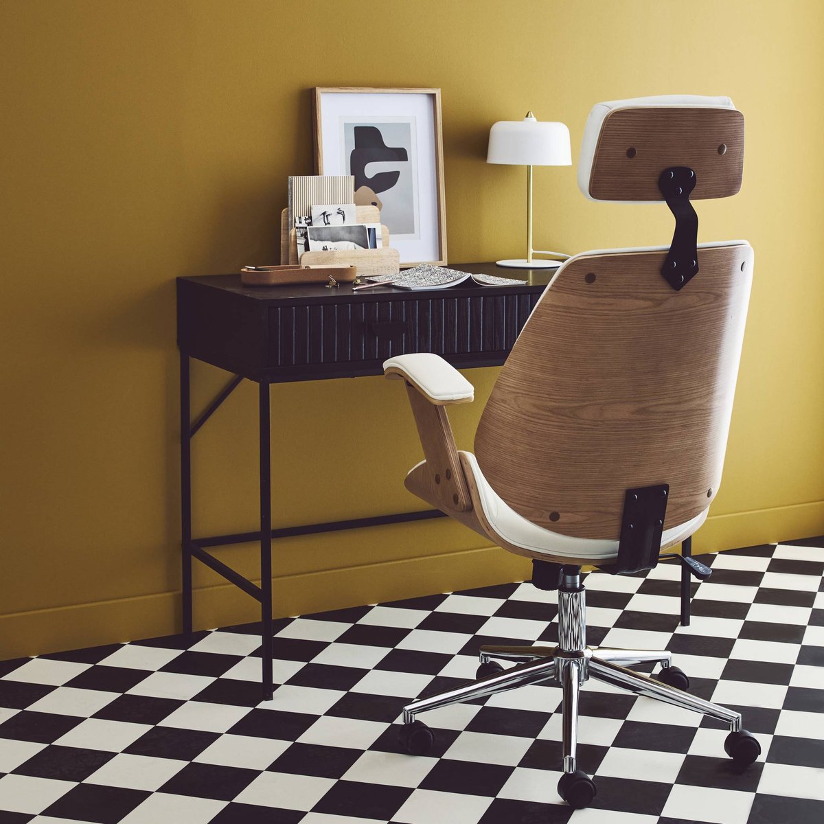 Chaise de bureau à roulettes décor bois courbé et simili cuir MICHAEL blanc, SWEEEK