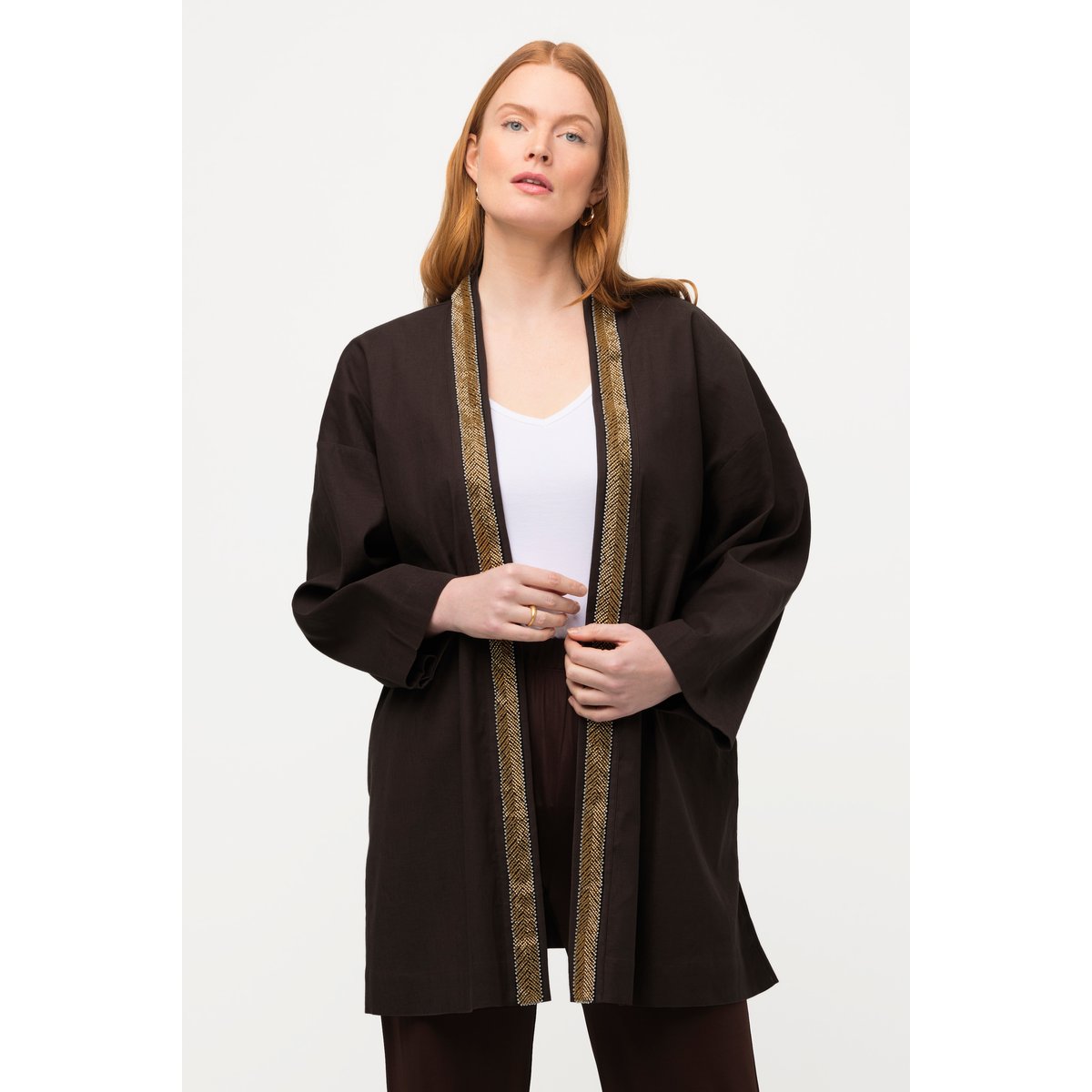 Veste kimono. Col châle. Lin mélangé. Galon marron pin, ULLA POPKEN