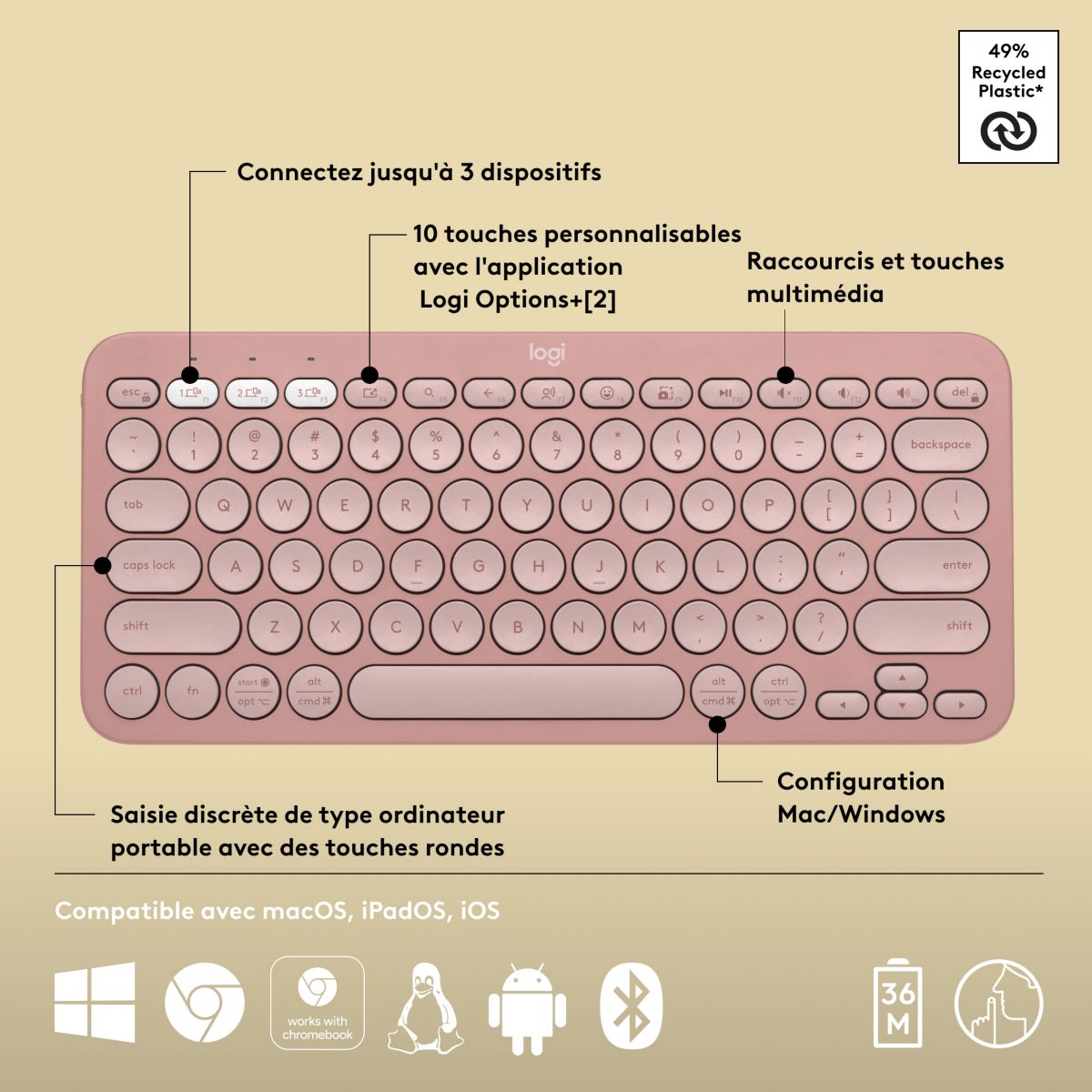 Clavier sans fil Pebble 2 K380s Rose couleur unique, LOGITECH